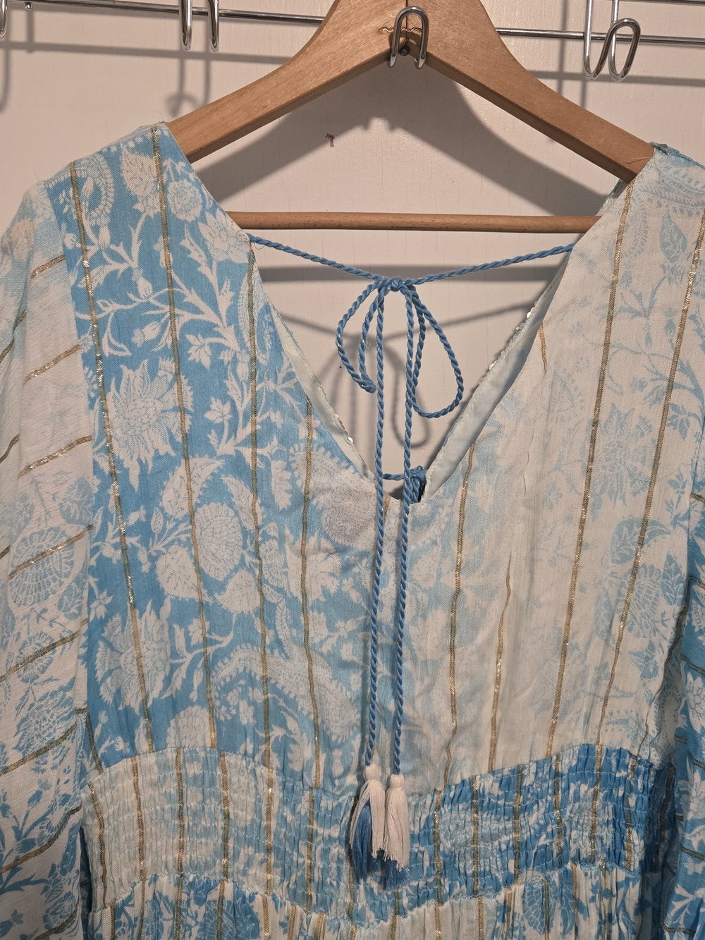 Light Blue Floral Boho Maxi Dress with Sequin Trim - Picture 6 of 10